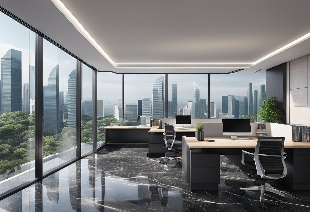 Black Marble Singapore: A sleek, modern office space with black marble floors, minimalist furniture, and floor-to-ceiling windows overlooking the city skyline