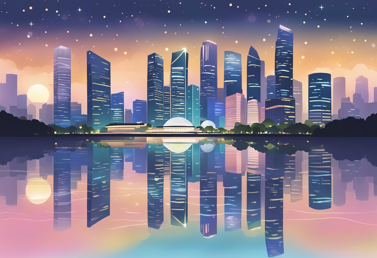 A serene night scene at Black Marble, with the iconic Singapore skyline reflected in the calm waters, surrounded by twinkling city lights