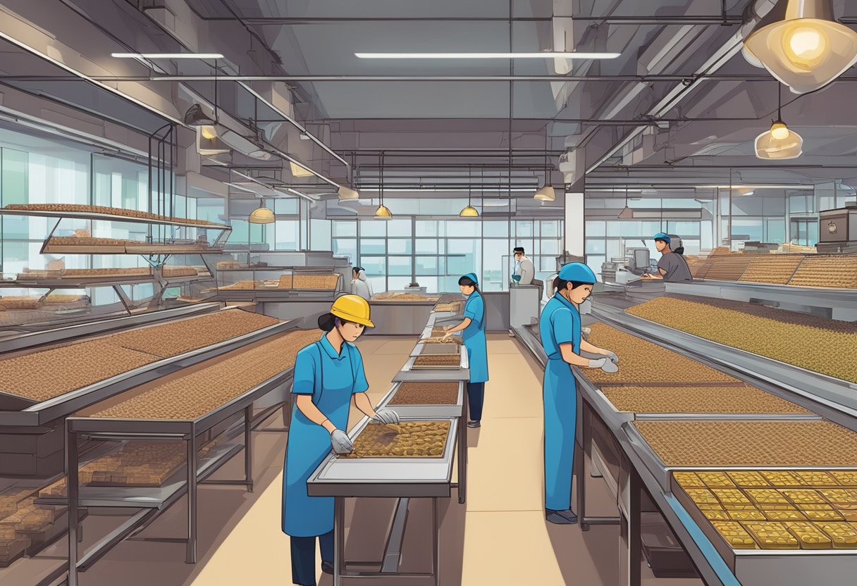 Beryl's Chocolate factory in Singapore, with workers packaging chocolates, conveyor belts, and the iconic logo displayed prominently