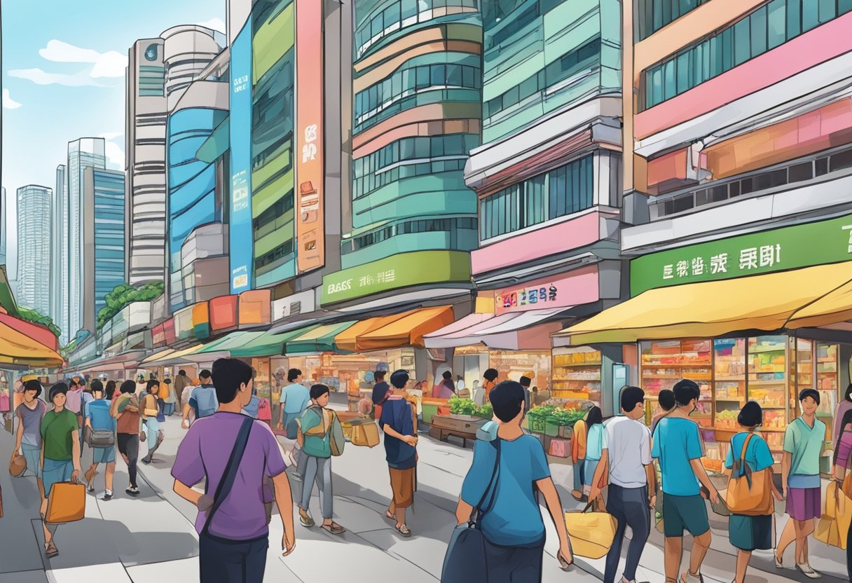 The bustling streets of Singapore's Editors Market, with colorful storefronts and busy shoppers