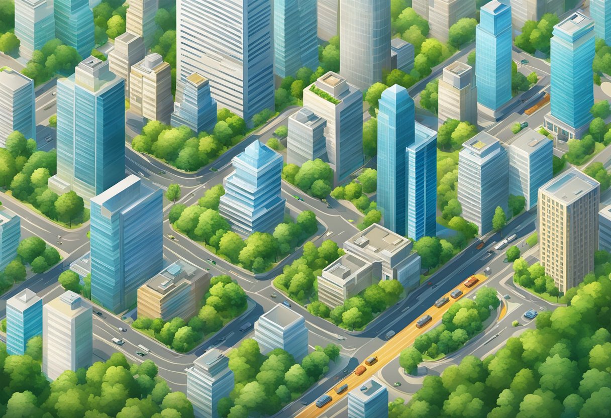 A bustling cityscape with modern skyscrapers and vibrant street life, set against a backdrop of lush greenery and a clear blue sky