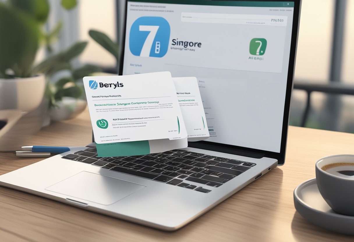 A stack of FAQ cards with "Beryls Singapore" logo, surrounded by a laptop, pen, and coffee cup on a desk