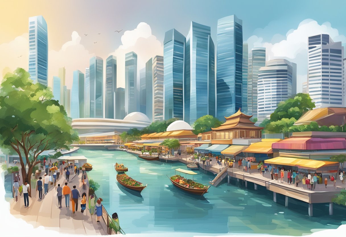 A bustling cityscape with modern skyscrapers and vibrant street markets, showcasing the dynamic and diverse nature of Singapore's editorial and marketing industry