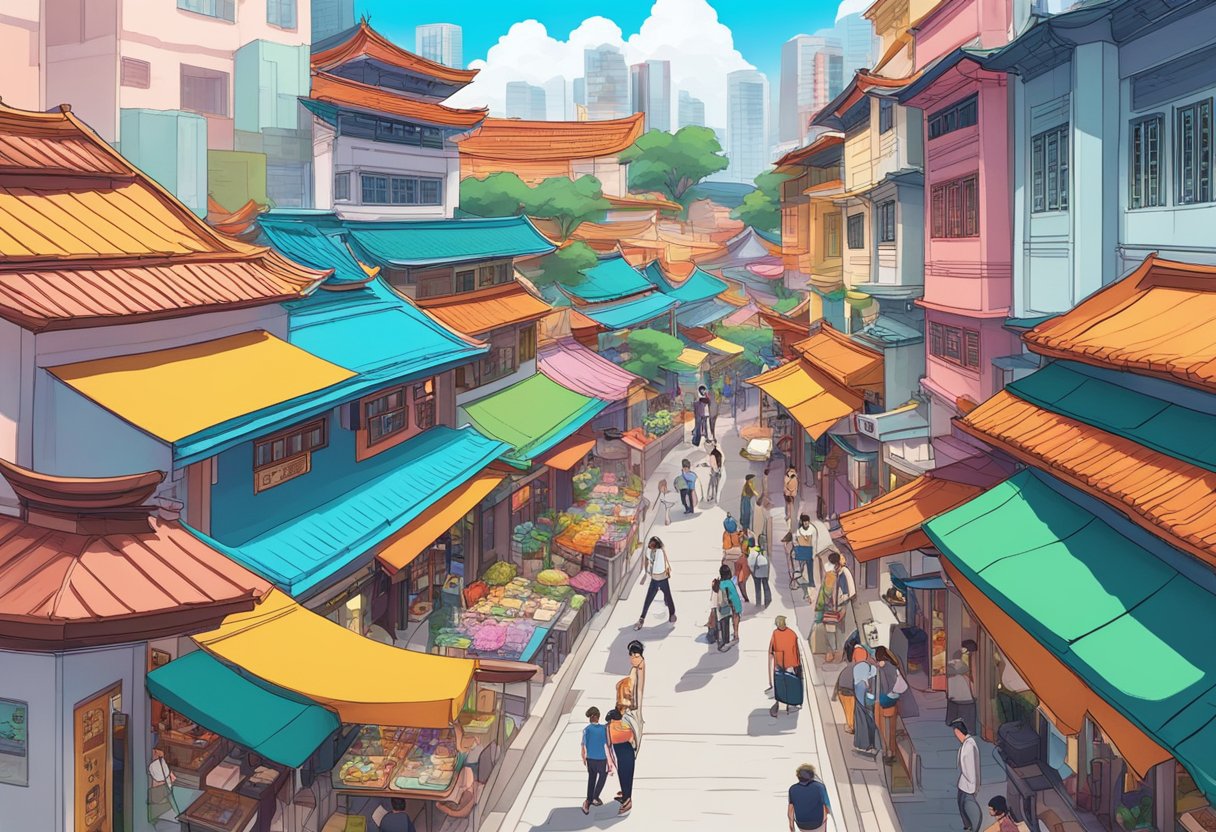 Discovering the vibrant streets of Boruto Singapore, with colorful buildings and bustling markets