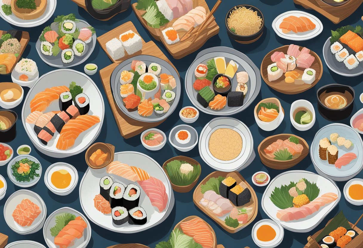 A colorful array of Japanese dishes, including sushi, sashimi, and ramen, are artfully arranged on a sleek, modern table at Boruto Singapore