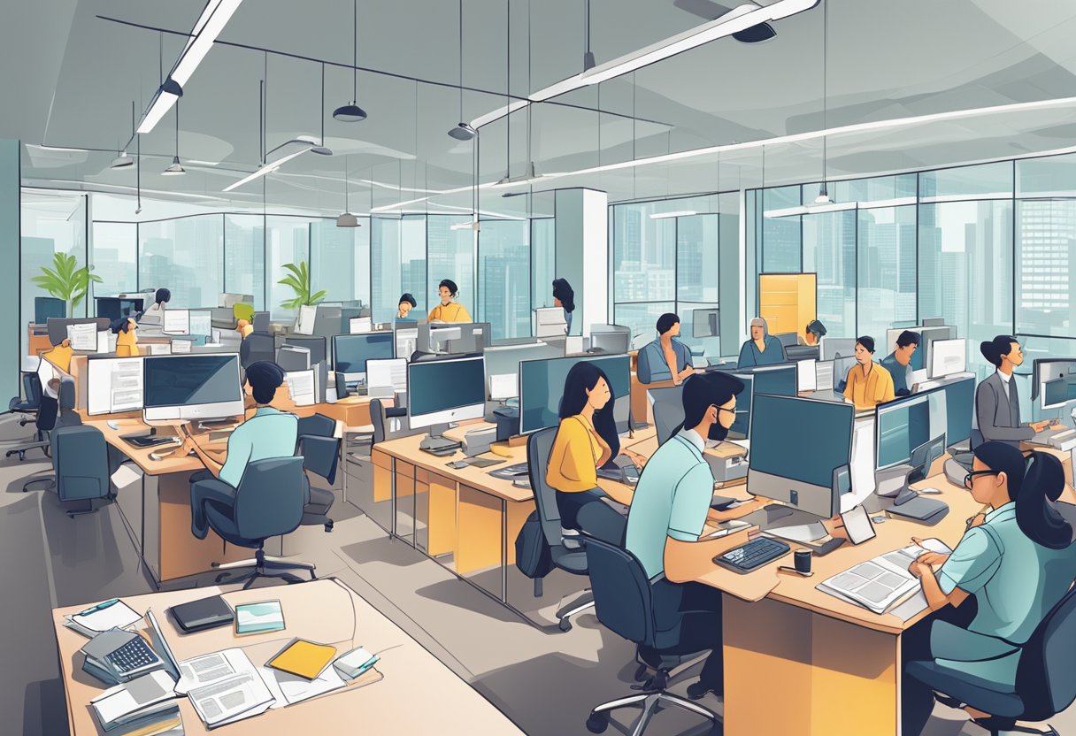 A bustling office with editors discussing and strategizing marketing plans for Frequently Asked Questions in Singapore