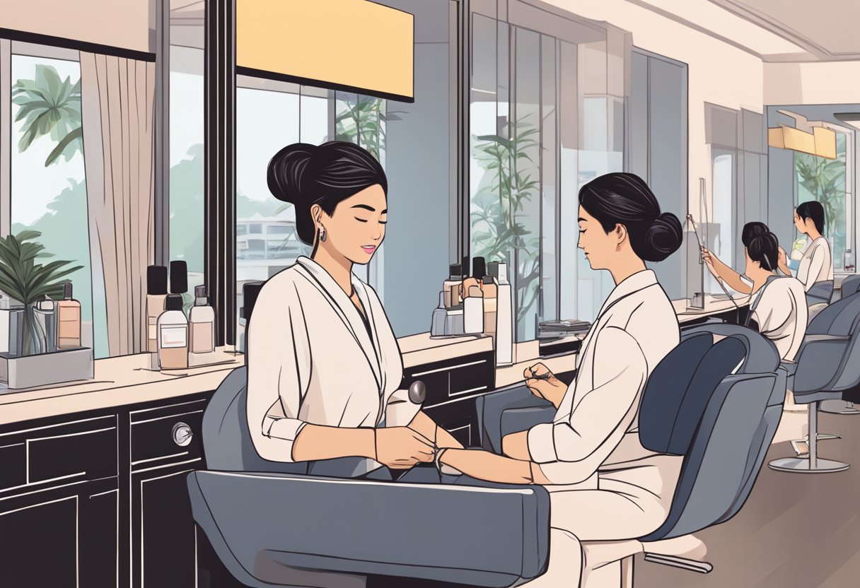 A woman sits in a salon chair as a technician carefully threads her eyebrows in Singapore. The salon is bright and modern, with soft music playing in the background