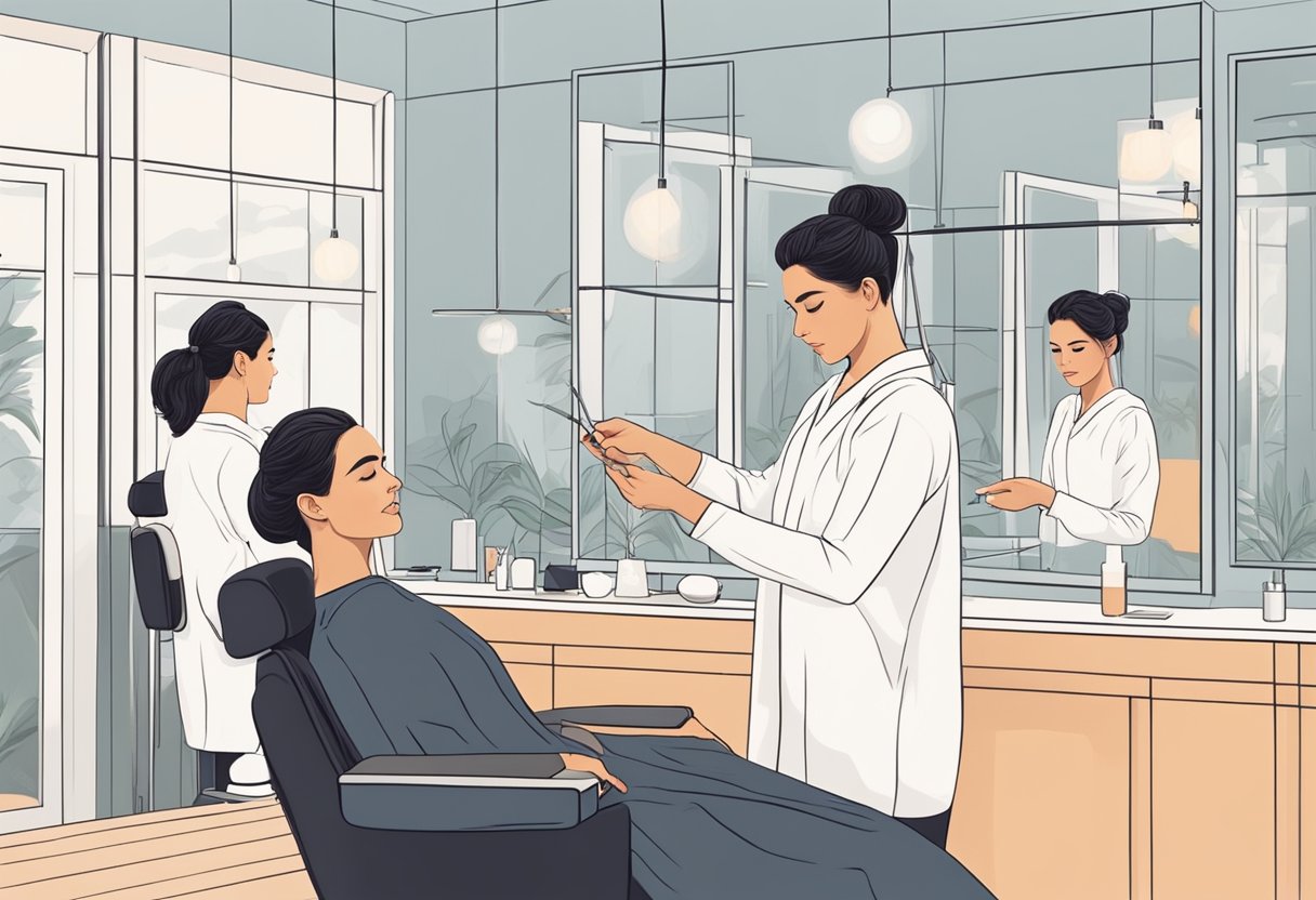A skilled technician threads a client's eyebrows at a clean, well-lit salon. The technician uses precise movements to shape and define the client's brows