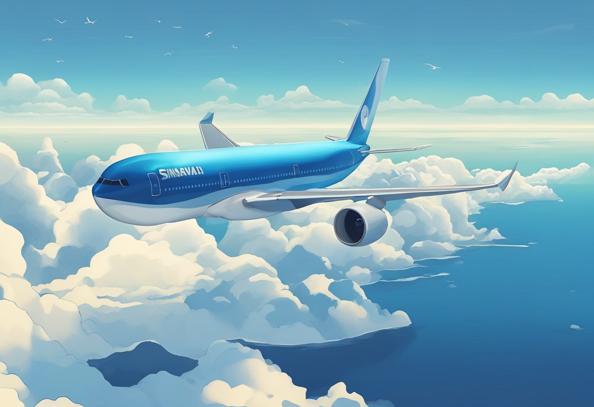 A plane flies over the vast Pacific Ocean from Singapore to Hawaii. The clear blue sky meets the deep blue sea, creating a serene and peaceful atmosphere