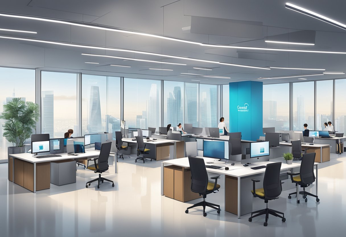 A modern office space with sleek furniture and technology, Capgemini Singapore's logo prominently displayed. A diverse team working collaboratively in the background