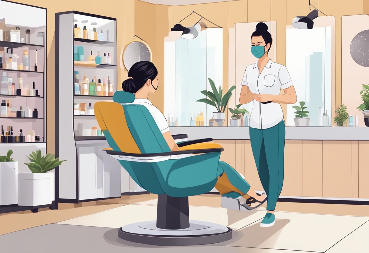 A customer sitting in a comfortable chair while a skilled technician carefully threads their eyebrows at a sleek and modern beauty salon in Singapore