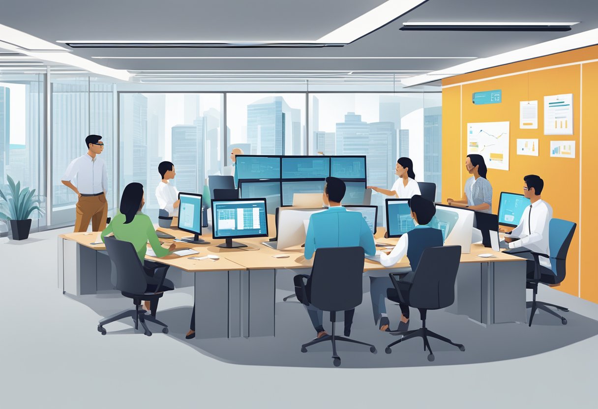 Employees collaborating in a modern office space at Capgemini Singapore. Computer screens, whiteboards, and team meetings create a dynamic work environment