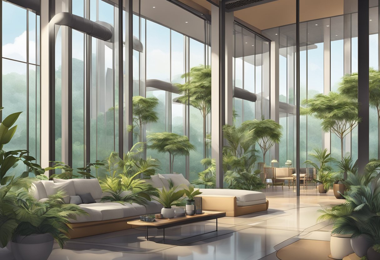 A luxurious cat hotel in Singapore with modern architecture and lush greenery surrounding the building