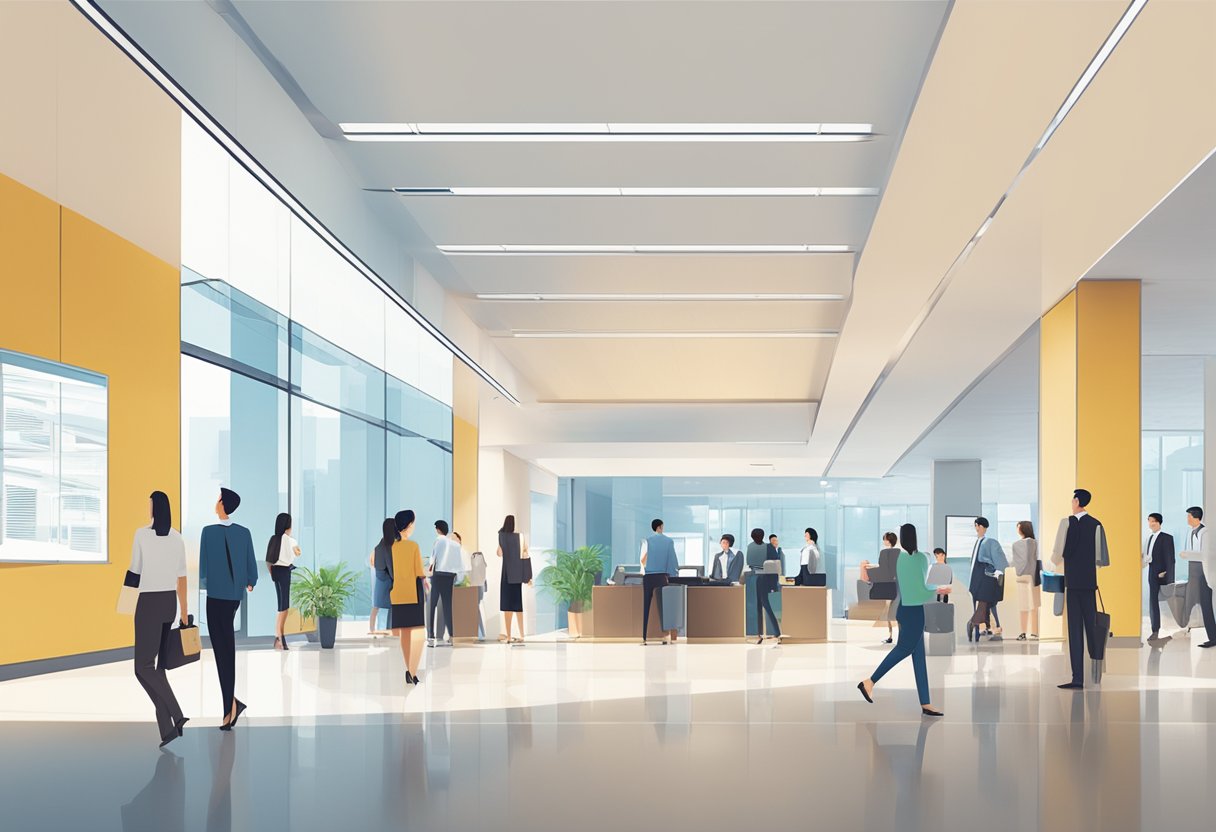 A bustling office lobby with a prominent "Frequently Asked Questions" board at Capgemini Singapore. People are seen approaching the board with inquiries