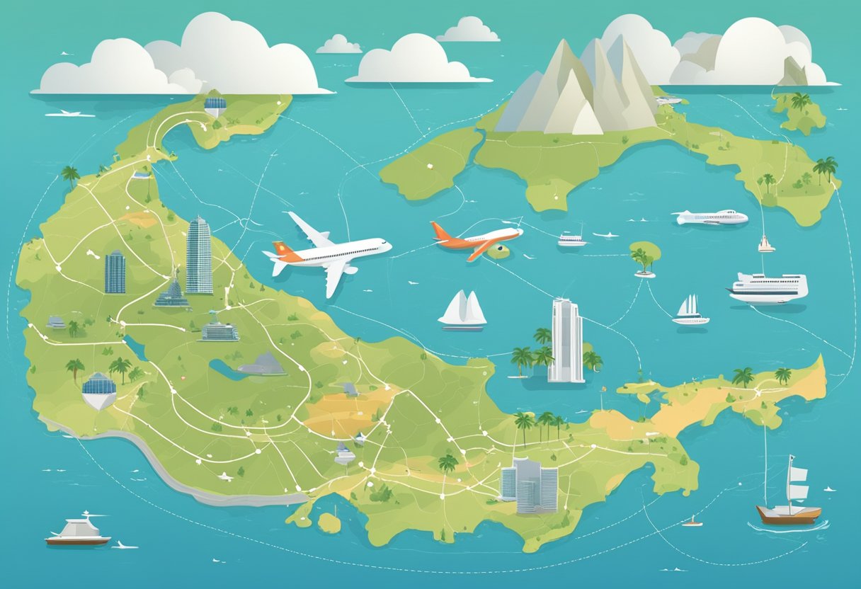 A map of Singapore and Hawaii with a dotted line connecting the two destinations. Airplane icons and travel symbols surround the map, indicating the planning of a flight route