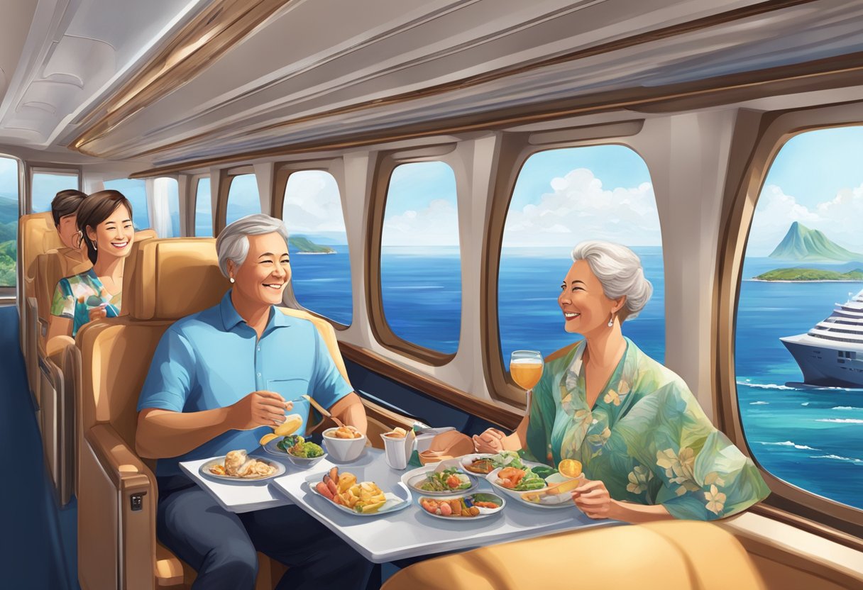 Passengers enjoying onboard amenities, from luxurious seating to gourmet dining, while taking in breathtaking views of the ocean on the journey from Singapore to Hawaii