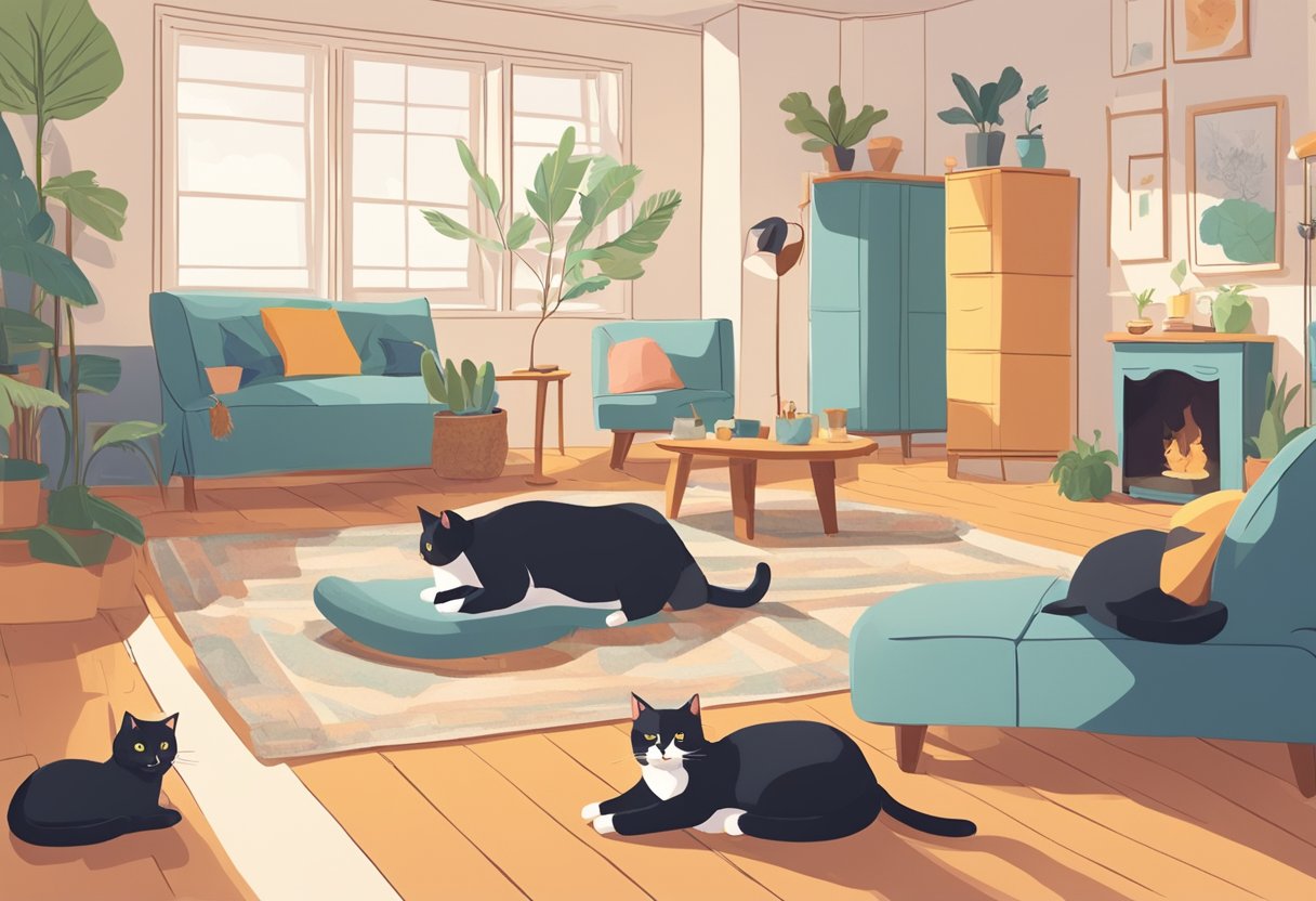 Several cats lounging in a spacious, brightly lit room with cozy beds and scratching posts. A staff member interacts with a cat, while others play and explore