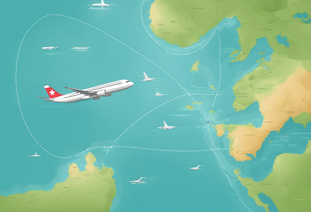 A map showing the route from Singapore to Hawaii with a plane flying over the ocean