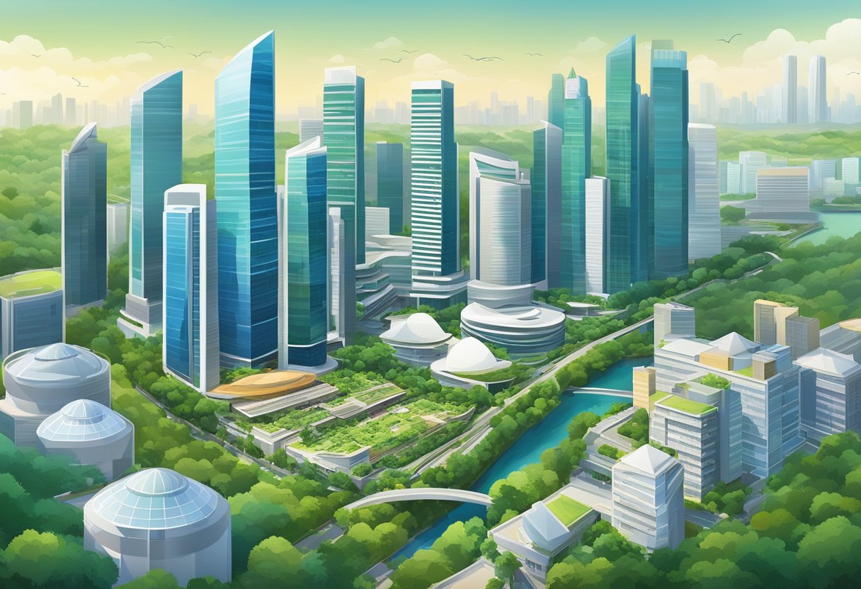 A large, modern cityscape with skyscrapers and bustling streets, surrounded by lush greenery and parks, showcasing the vibrant and diverse urban landscape of Singapore