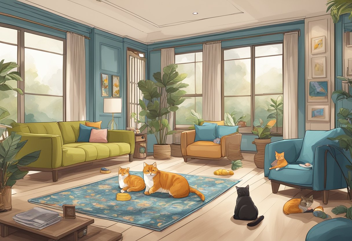 Several cats lounging in a luxurious cat hotel in Singapore, with comfortable bedding, scratching posts, and toys scattered around the room