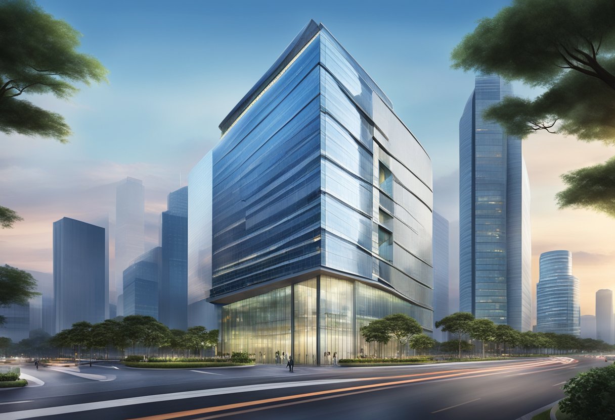 The Certis Cisco Singapore office building stands tall and modern against the city skyline, with sleek glass walls reflecting the surrounding urban landscape