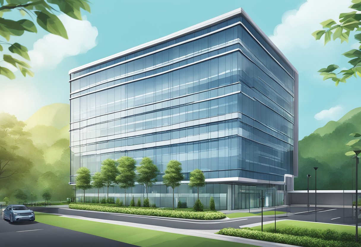 A modern office building with the Certis Cisco Singapore logo prominently displayed on the exterior. The building is surrounded by lush greenery and has a sleek, professional design