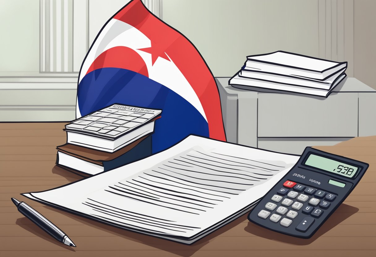 A stack of legal documents and a calculator on a desk, with a Singapore flag in the background