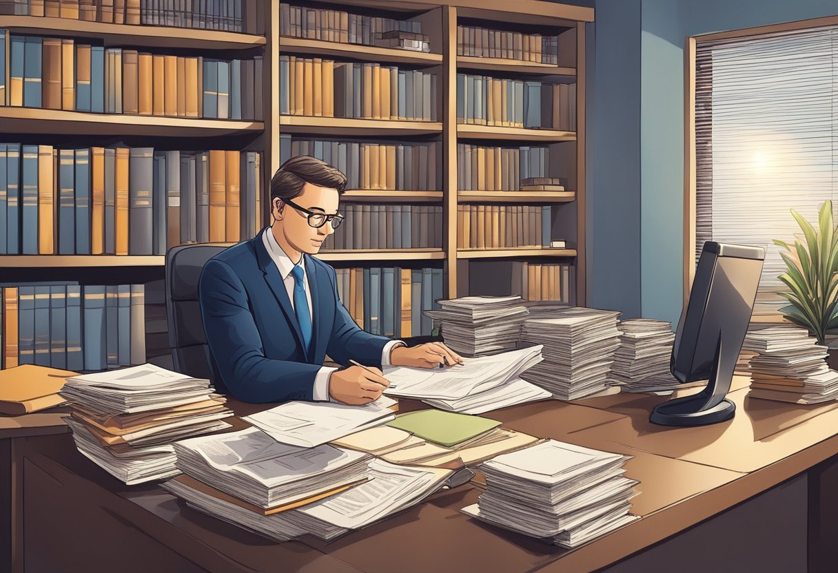 A lawyer reviews legal documents and tax forms in an office, surrounded by shelves of law books and paperwork