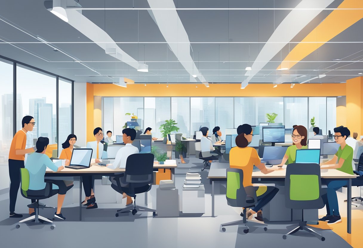 A bustling office with diverse employees collaborating in a modern, tech-savvy environment at Certis Cisco Singapore