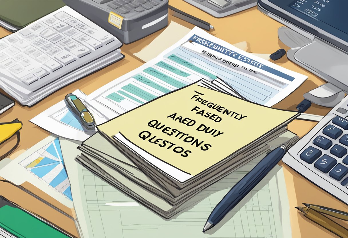 A stack of papers labeled "Frequently Asked Questions estate duty Singapore" sits on a desk, surrounded by a computer, pen, and calculator