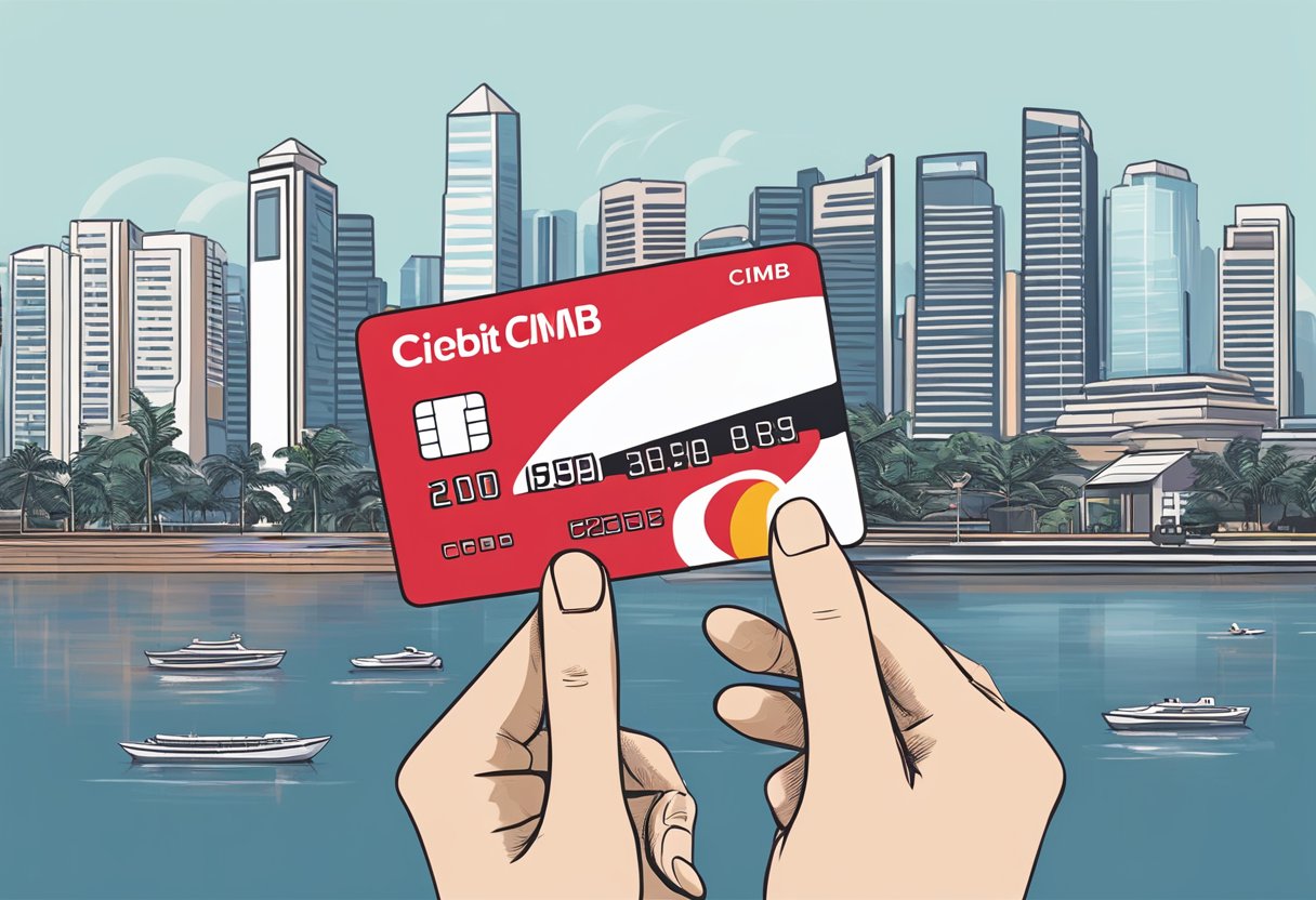 A hand holding a CIMB credit card in front of a Singapore skyline