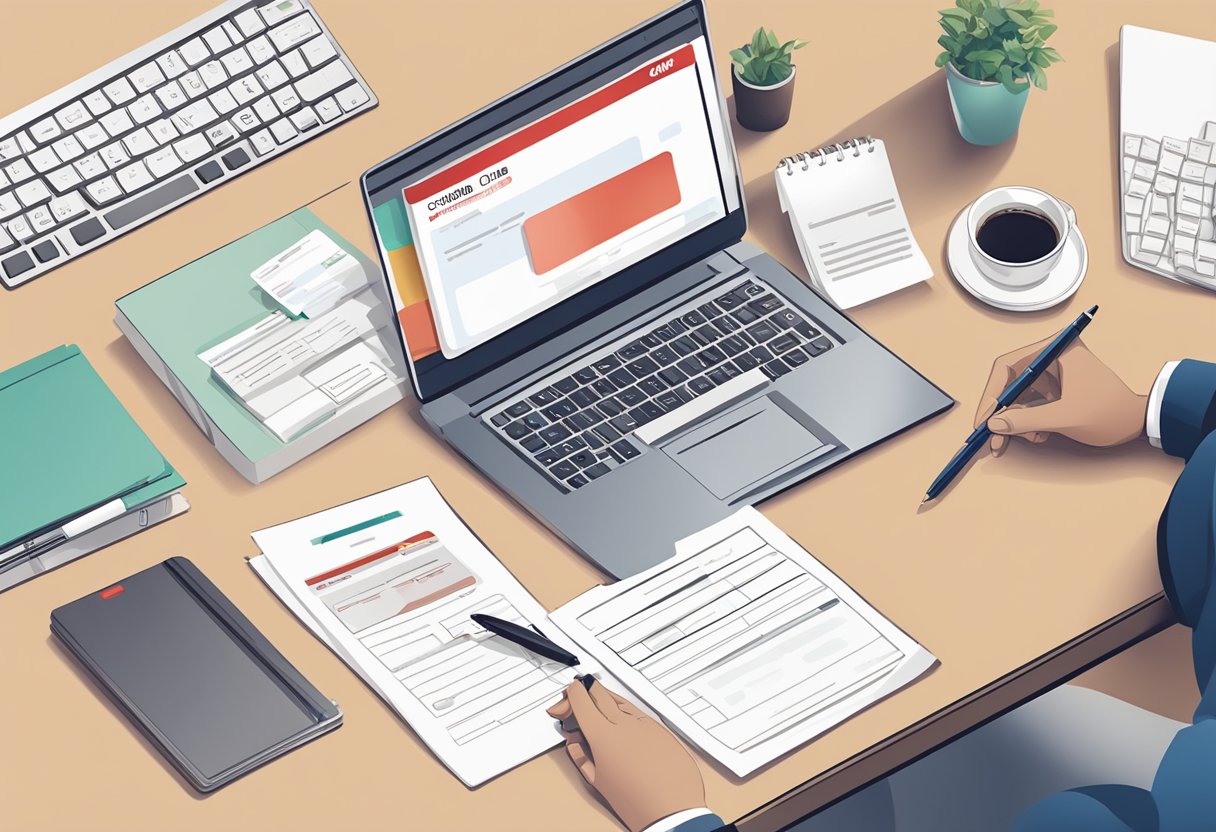 A person filling out a CIMB credit card application form at a desk with a laptop and pen