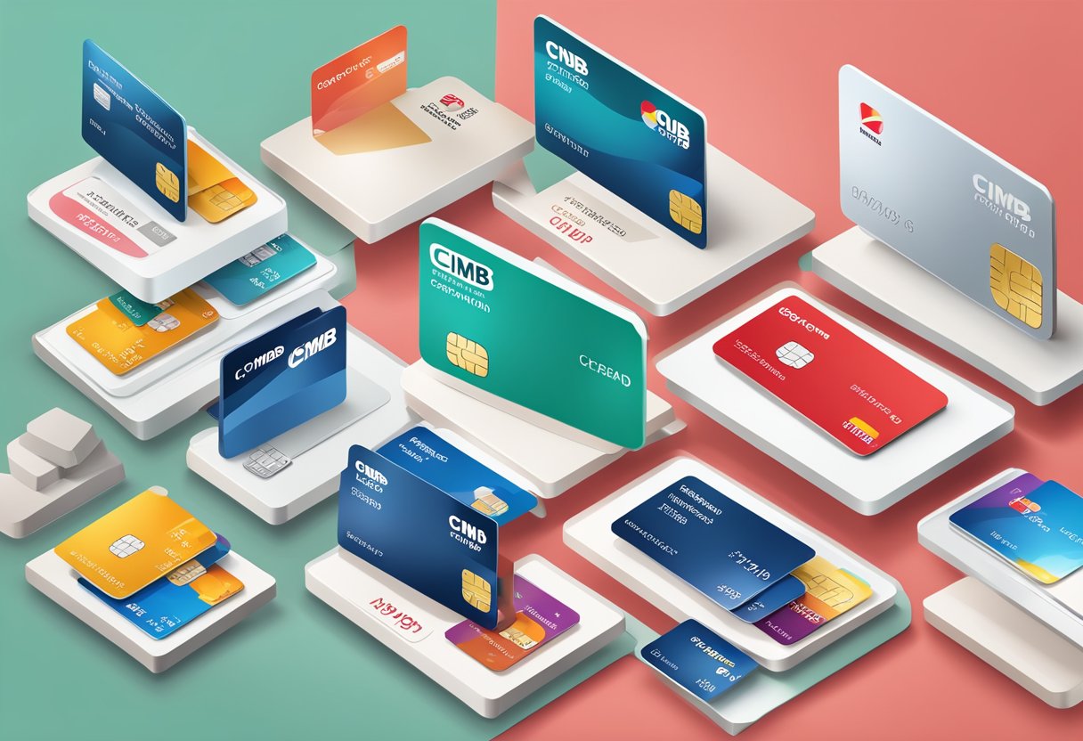 A stack of CIMB credit cards with various benefits and features displayed, surrounded by icons representing rewards and perks