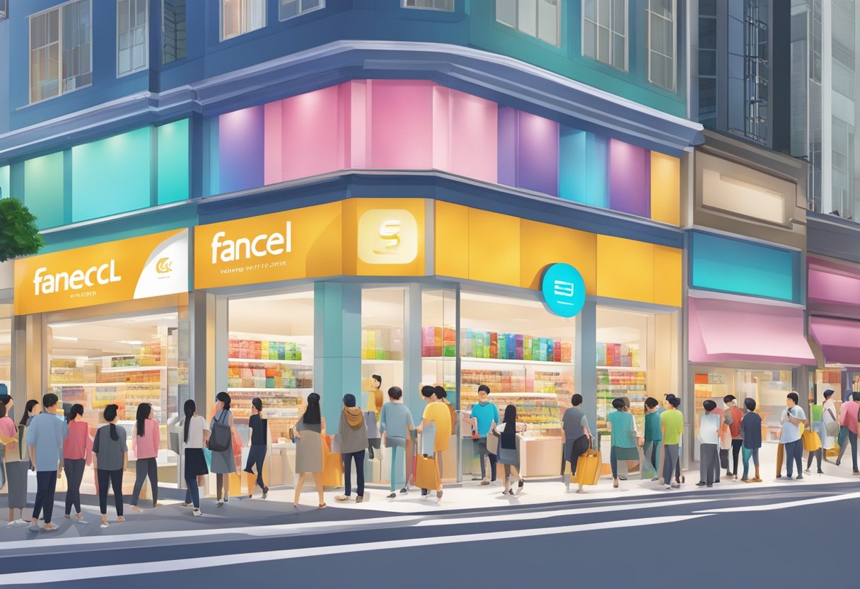 A bustling storefront of Fancl Singapore, with colorful product displays and a queue of customers