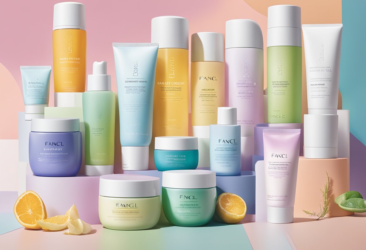 A colorful display of Fancl's skincare products with the brand's philosophy statement prominently featured