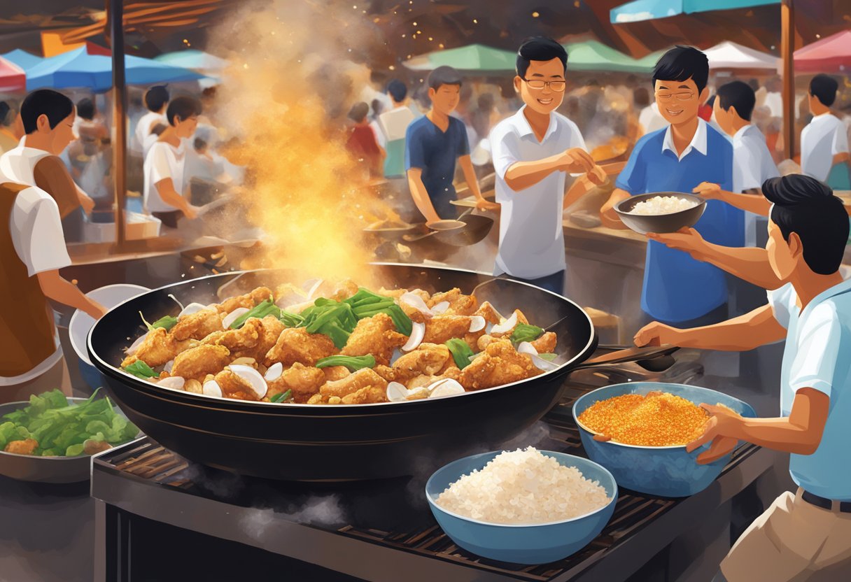 A sizzling wok tosses chunks of coconut chicken with aromatic spices, sizzling in a bustling Singapore hawker center