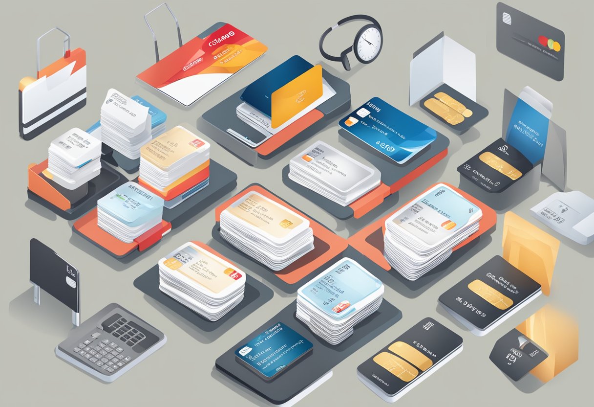 A stack of credit cards with the CIMB logo, a customer service representative, and a list of frequently asked questions