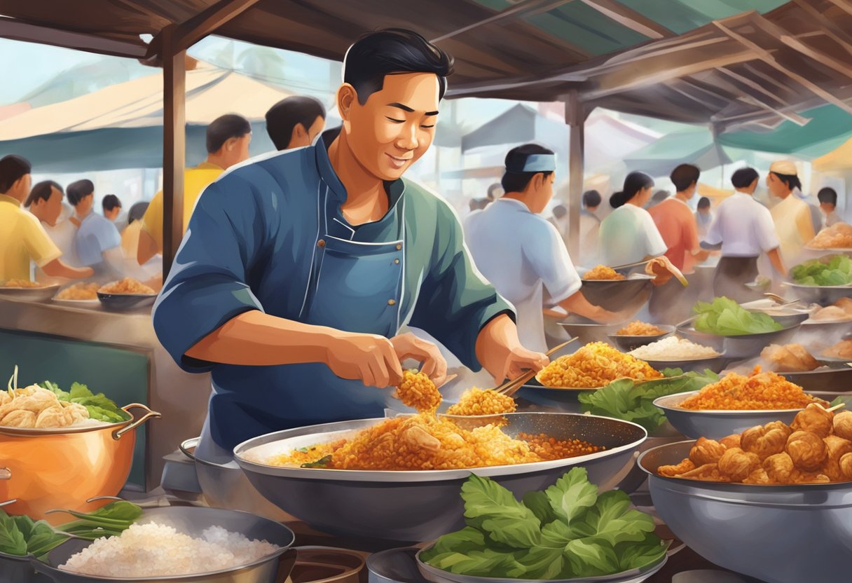 A chef cooks coconut chicken in a bustling Singaporean street market. Aromatic spices fill the air as the dish sizzles in a hot wok
