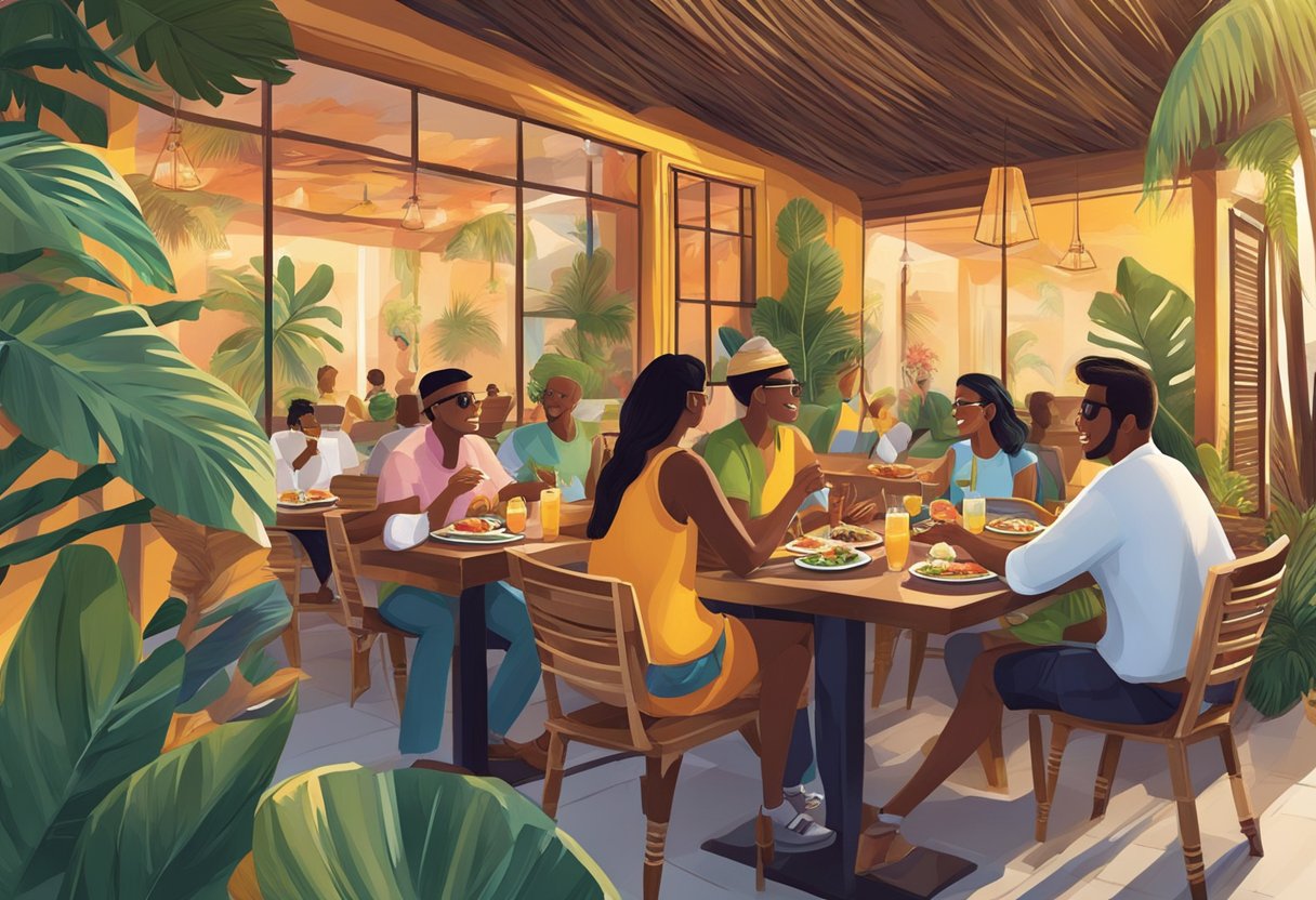 Customers enjoying a meal at Coconut Chicken Restaurant, with vibrant decor and delicious dishes on the table