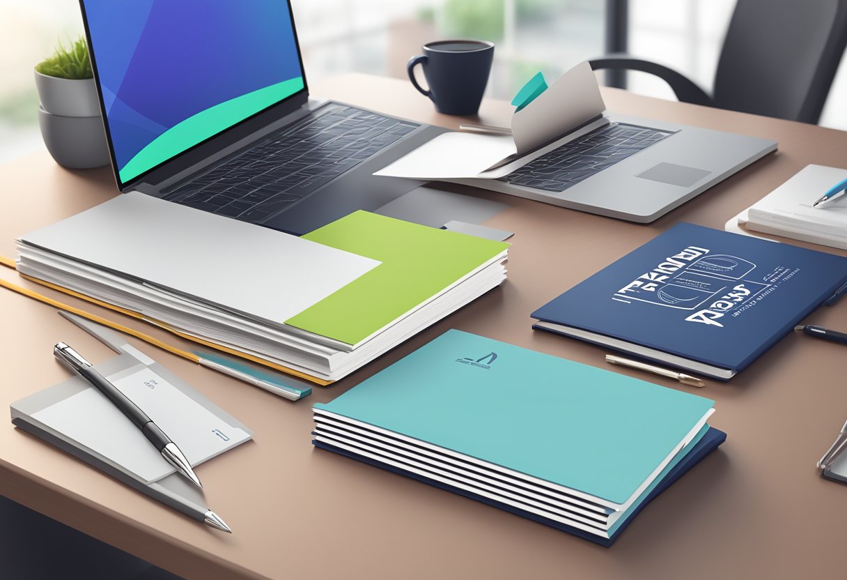 A stack of FAQ pamphlets on a clean, modern desk with a branded pen and a sleek laptop nearby