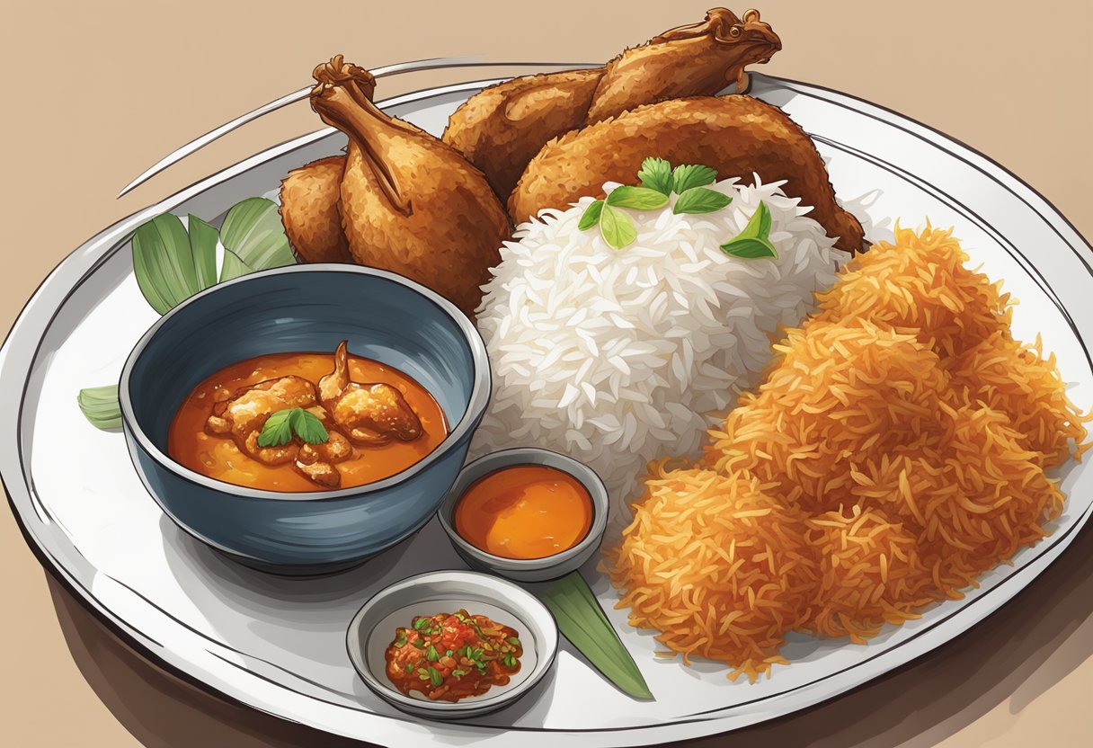 A coconut chicken dish being served in Singapore, with a bowl of fragrant rice and a side of spicy sambal sauce