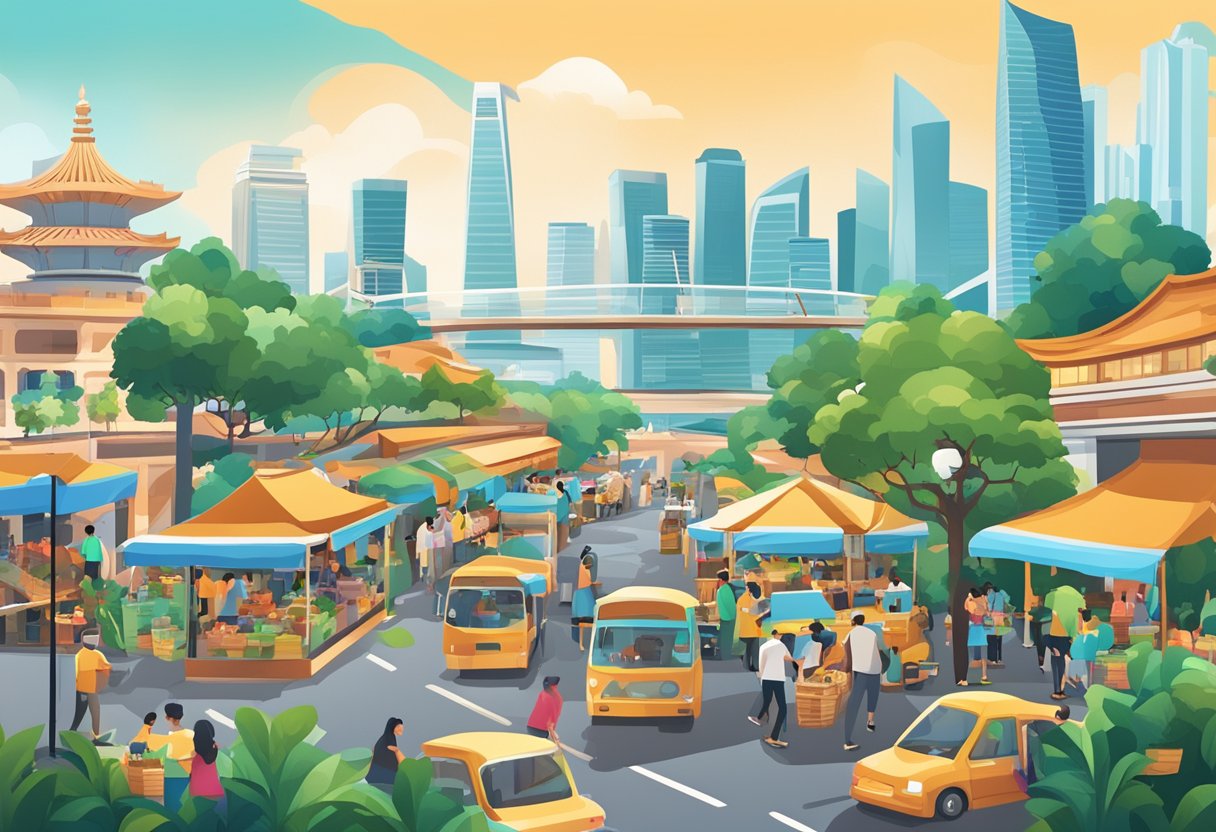 A bustling cityscape with iconic landmarks like the Marina Bay Sands and the Singapore Flyer, surrounded by lush greenery and vibrant street markets