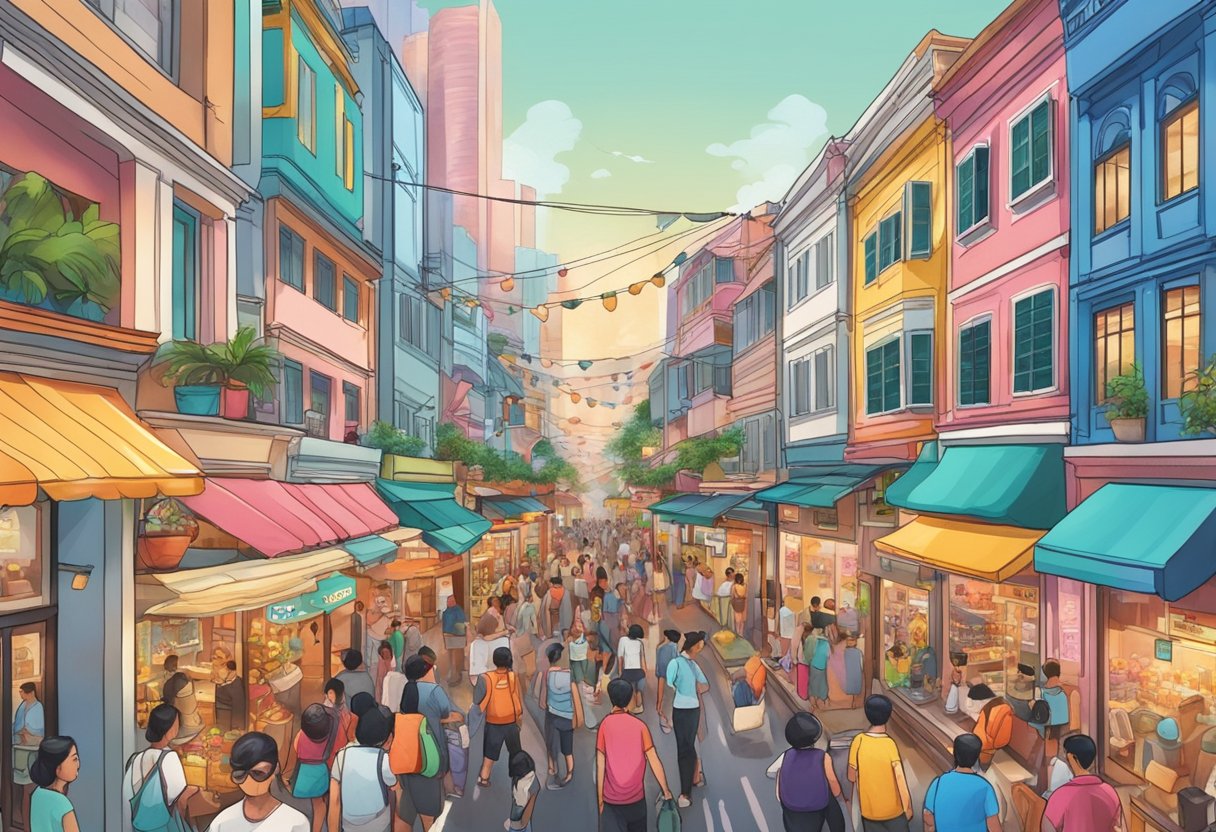 A bustling street in Singapore, with colorful storefronts and bustling crowds, showcasing the vibrant energy of Coucou Singapore