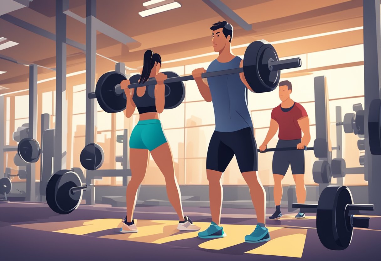 People lifting weights and doing squats in a spacious, well-lit gym with modern equipment
