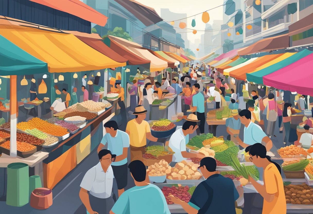 A vibrant street market with colorful food stalls and bustling crowds in Singapore. A variety of exotic scents fill the air as vendors showcase their unique culinary creations