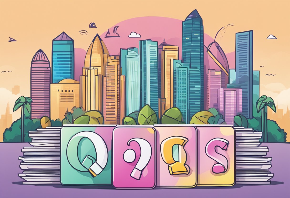 A stack of colorful question cards with "Frequently Asked Questions" written on them, against a backdrop of iconic Singapore landmarks