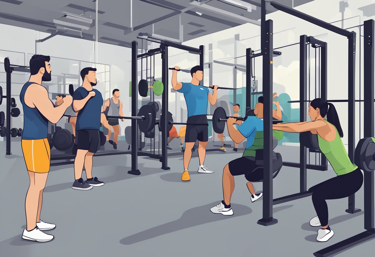 A group of people are training at a CrossFit gym in Singapore, surrounded by equipment and motivational posters