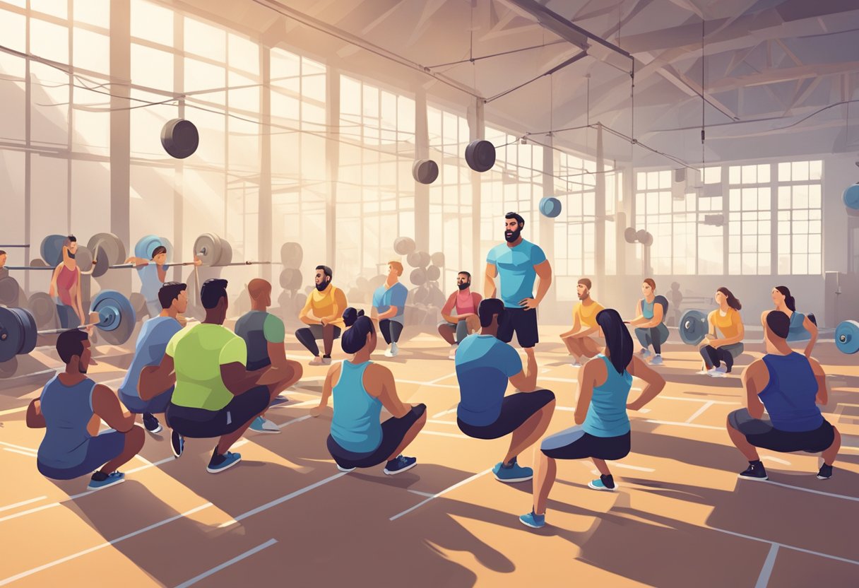 A group of people gathered around a CrossFit instructor, asking questions and listening attentively in a bright, spacious gym setting