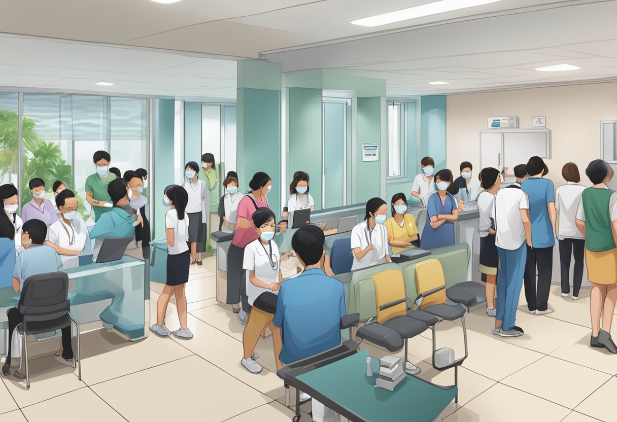 A bustling Sinovac clinic in Singapore with people waiting in line, medical staff assisting patients, and the clinic's logo prominently displayed