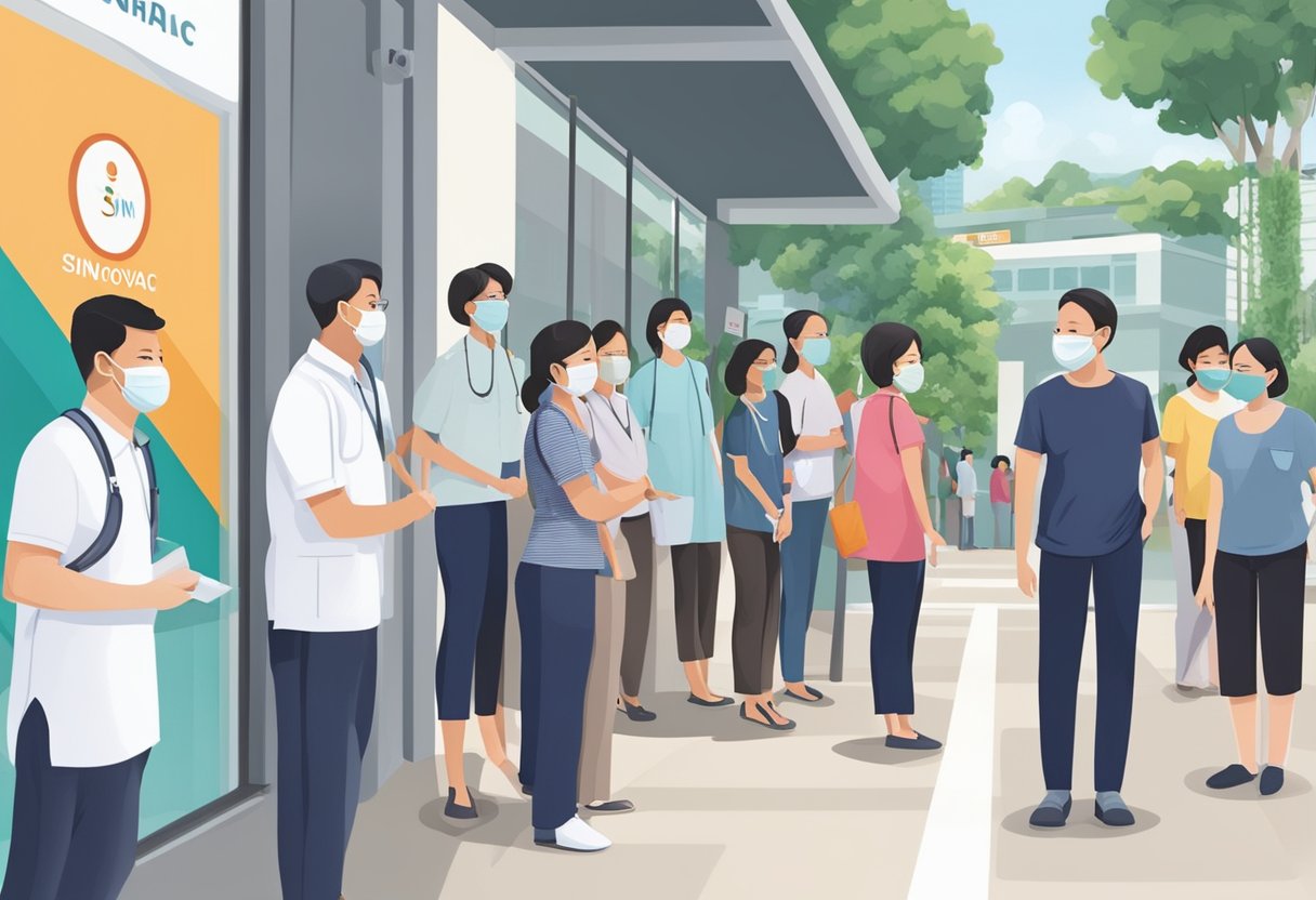 People lining up outside a clinic in Singapore to receive Sinovac-CoronaVac vaccine. Signs and banners with Sinovac logo
